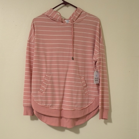 Time and Tru Tops - Time and Tru Women's Pink and White Striped Hoodie